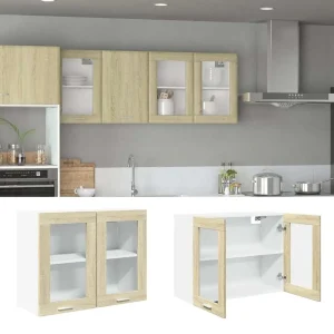 armoire en bois avec porte vitrée