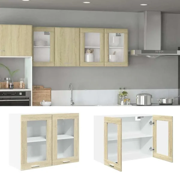 armoire en bois avec porte vitrée